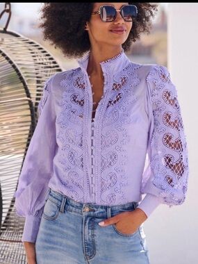 Boston Proper Lavender Lace-Trim Button Front Blouse